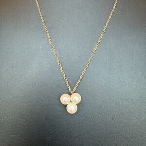 Vintage 14kt Yellow Gold Chain & Tri Genuine 6mm Pearl Pendant 18” Necklace 3g